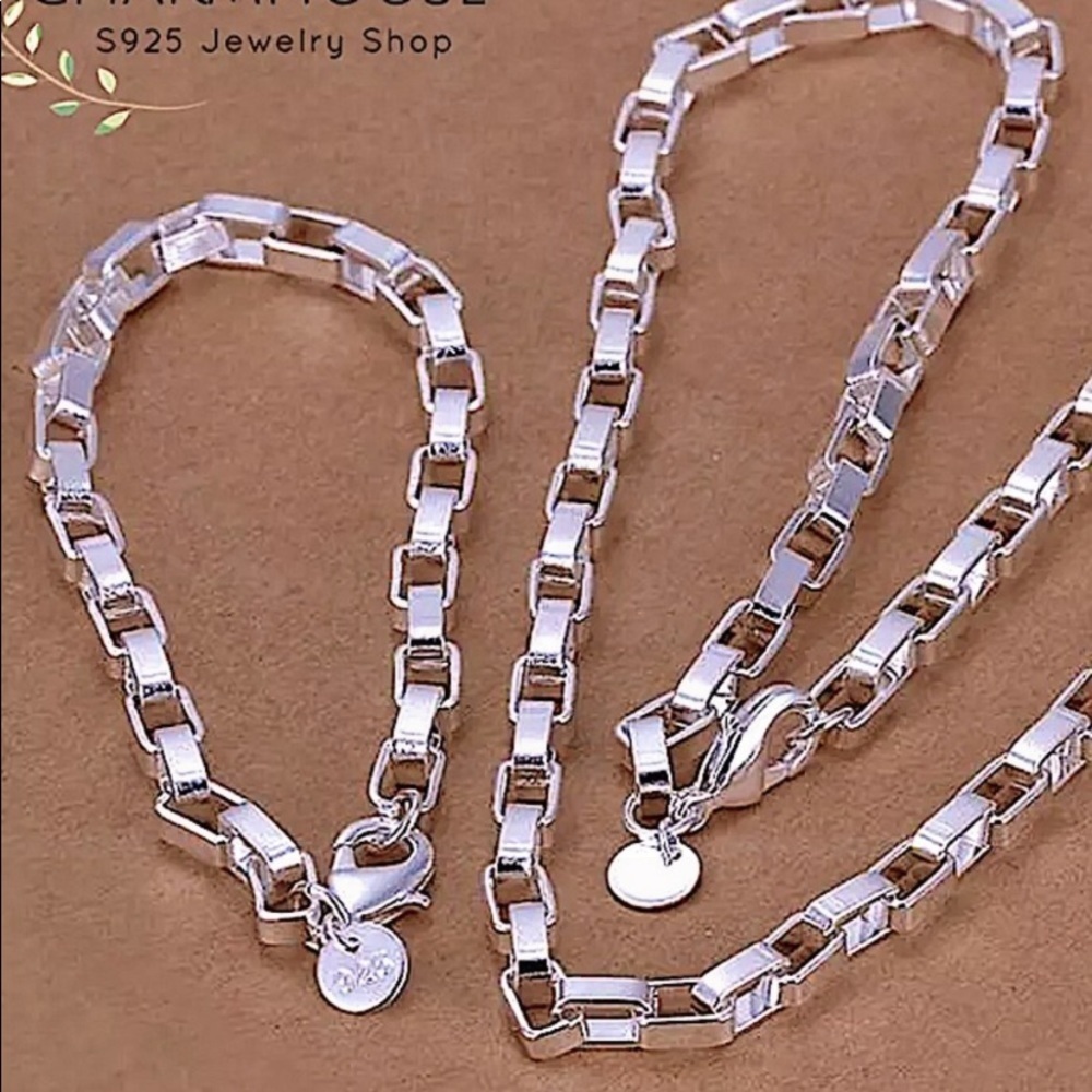 STERLING SILVER BOX CHAIN LINK MATCHING NECKLACE BRACELET SET